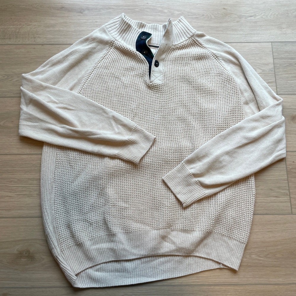 Weatherproof Vintage Mens Large Cream Waffle Knit Quarter Button Cotton Sweater